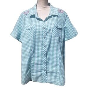Bit &Bridle Womens 2XL Shirt Green Check Pearl Snaps Embroidered Country Western